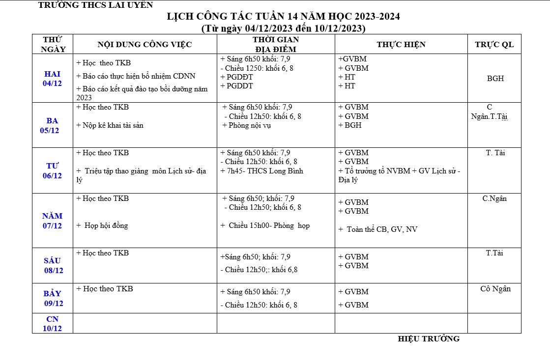 Lịch làm việc tuần 14