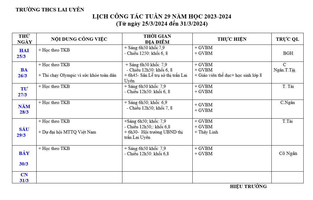 Lịch công tác tuần 29